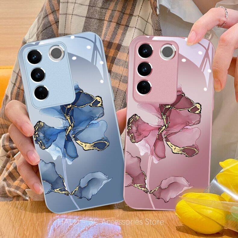 เคส Samsung S23 Ultra Case S23FE S22Ultra S24Ultraโทรศัพท์มือถือแบบแก้วแข็ง ลายหินอ่อน ดอกไม้ สําหรั