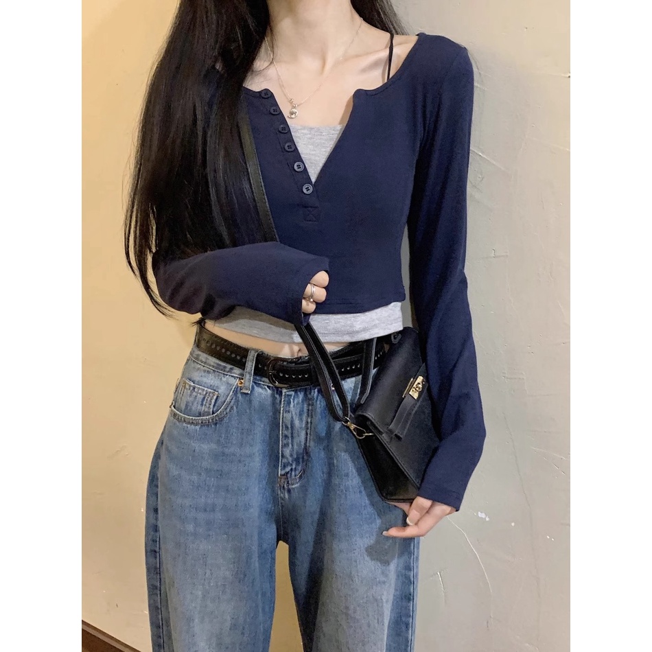 เสื้อยืดลําลอง แขนยาว คอวี ทรงสลิมฟิต สําหรับผู้หญิง