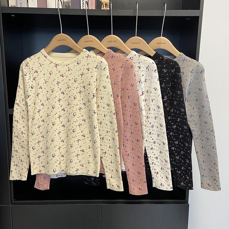 เสื้อยืดแขนยาว เข้ารูป ลายดอกไม้ สีเทา แฟชั่นฤดูใบไม้ร่วง และฤดูหนาว สําหรับผู้หญิง 2023