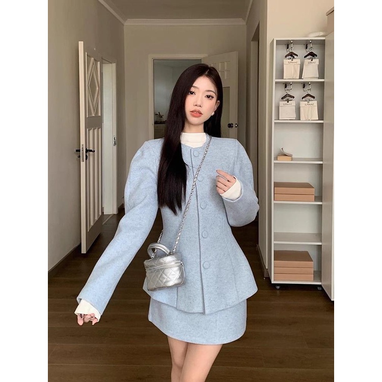 เสื้อแจ็กเก็ตแขนยาว ผ้าวูล เข้ารูป เอวสูง แบบแคบ แฟชั่นฤดูใบไม้ผลิ สําหรับผู้หญิง