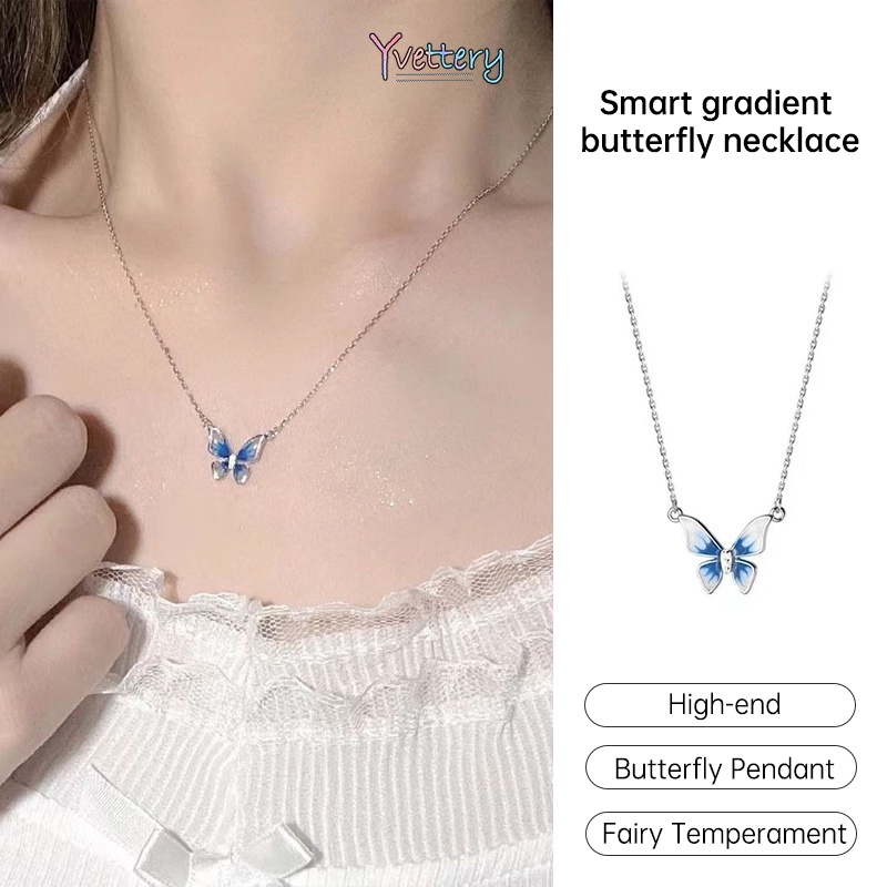 ราคาส่ง-ไล่ระดับสีจี้สร้อยคอผู้หญิงซอกสร้อยคอระดับไฮเอนด์สร้อยคอผีเสื้อสีน้ำเงินส่งเร็วCOD