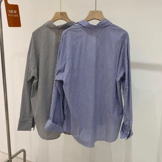 mimi&didi เสื้อเชิ้ตแขนยาว เสื้อแฟชั่นผู้หญิง ลายทาง คอวีสุดชิค สไตล์เกาหลีสุดๆ สำหรับผู้หญิง#W261