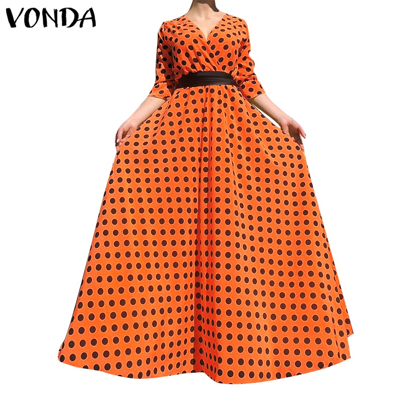 Vonda ชุดเดรสลําลอง คอวี แขนกุด ลายจุด สีพื้น สไตล์วินเทจ สําหรับผู้หญิง