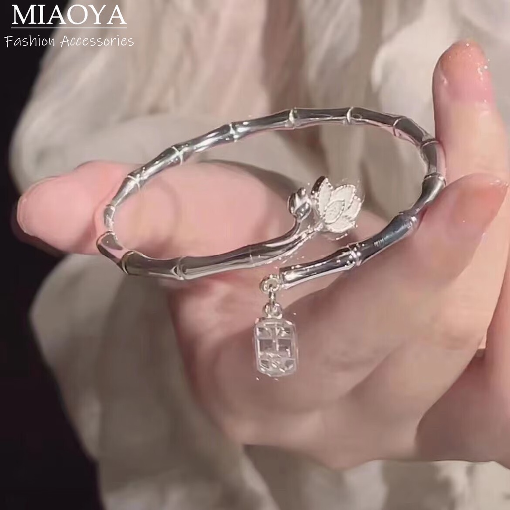 สร้อยข้อมือไม้ไผ่ รูปดอกบัว สีเงิน สามารถปรับได้ เหมาะกับของขวัญวันเกิด สไตล์เกาหลี สําหรับผู้หญิง
