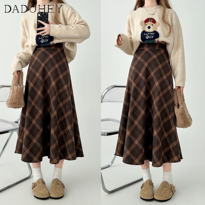 DaDuHey Autumn and Winter New Woolen Plaid Skirt Women's Hong Kong Style Fashionable All-Match Sheath A- Line Midi Skirt
