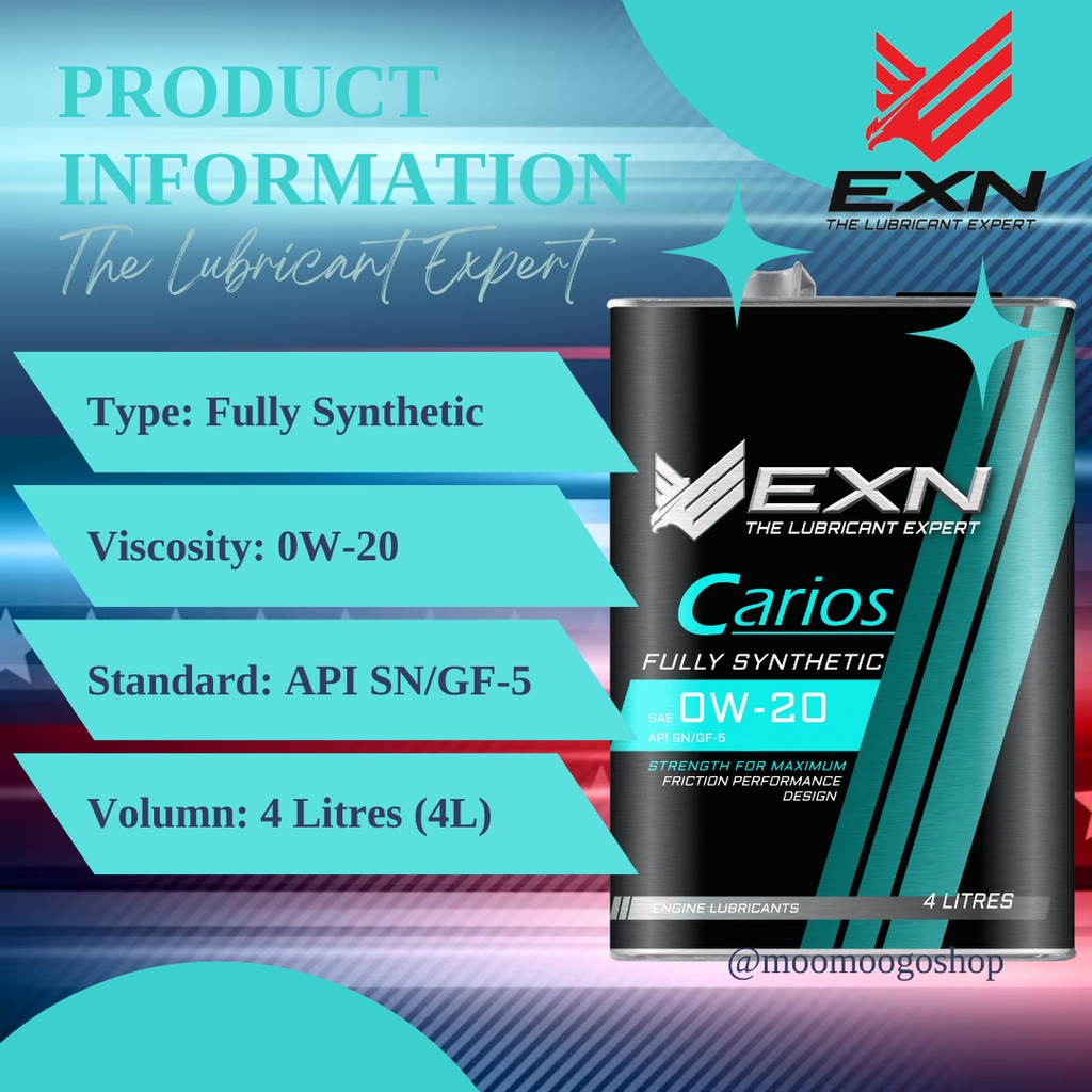 EXN CARIOS SAE 0W-20 0W20 FULLY SYNTHETIC ENGINE OIL 4 ลิตร 3.5 ลิตร