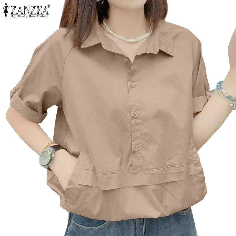 Zanzea เสื้อเชิ้ต แขนสั้น ลําลอง กระดุม สีพื้น สไตล์เกาหลี สําหรับผู้หญิง