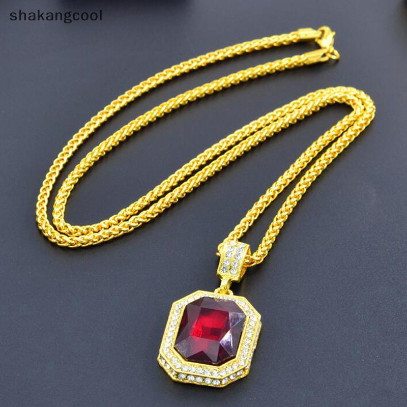 Shakangcool สร้อยคอ จี้หินทับทิม ทรงสี่เหลี่ยม ฝังเพชร สไตล์ฮิปฮอป สีแดง เครื่องประดับวินเทจ สําหรับผู้ชาย SGL