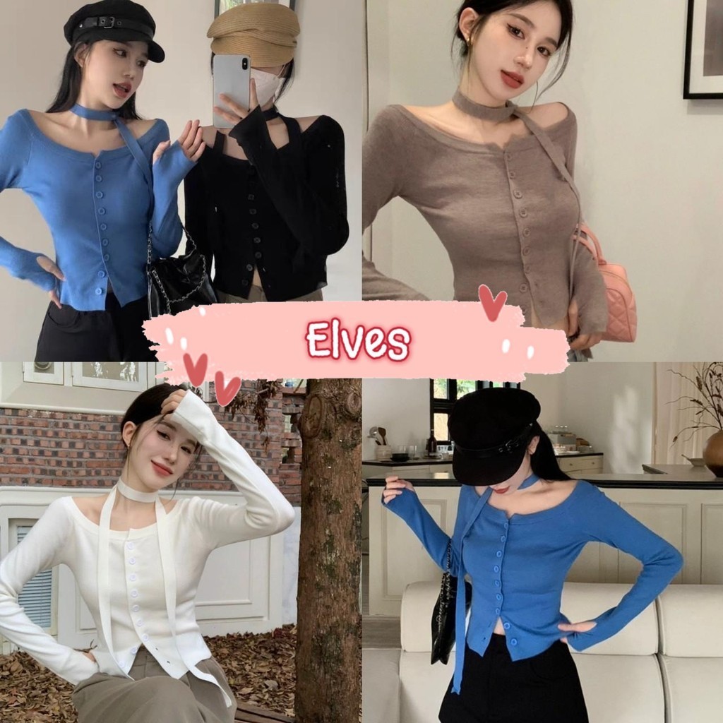 Elves✨พร้อมส่ง✨ เสื้อไหมพรมแขนยาว กระดุมหน้า แถมผ้าพันคอเกาหลีเกาใจ ~76107~ -C