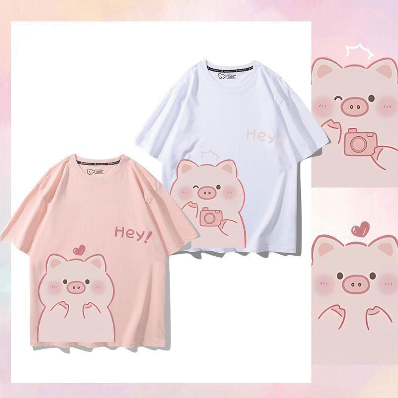 （พร้อมส่งจากกทม มาถึงใน 2วัน）เสื้อยืดคู่รักคอตตอนพิมพ์ลายการ์ตูนแขนสั้นสบายๆ oversize Valentine's Day Couple T-shirts