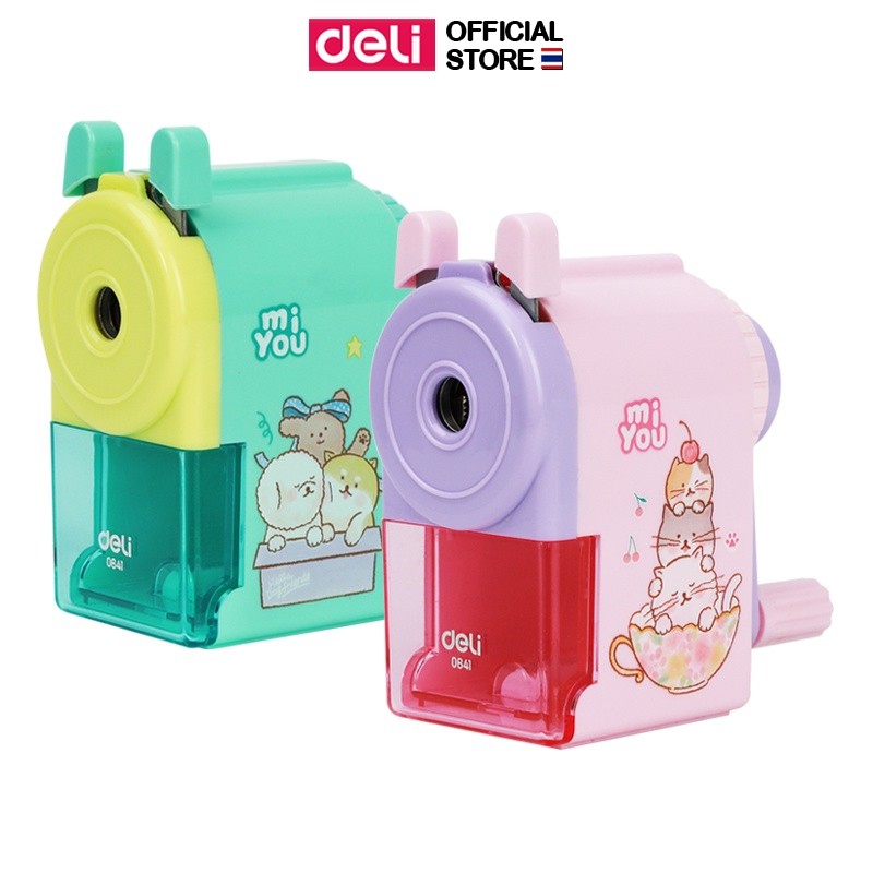 เครื่องเหลาดินสอแบบหมุนมือ Deli กบเหลาดินสอ ลายการ์ตูนน่ารัก รูปทรงสี่เหลียม กบเหลาดินสอไม้ เครื่องเขียน อุปกรณ์การเรียน