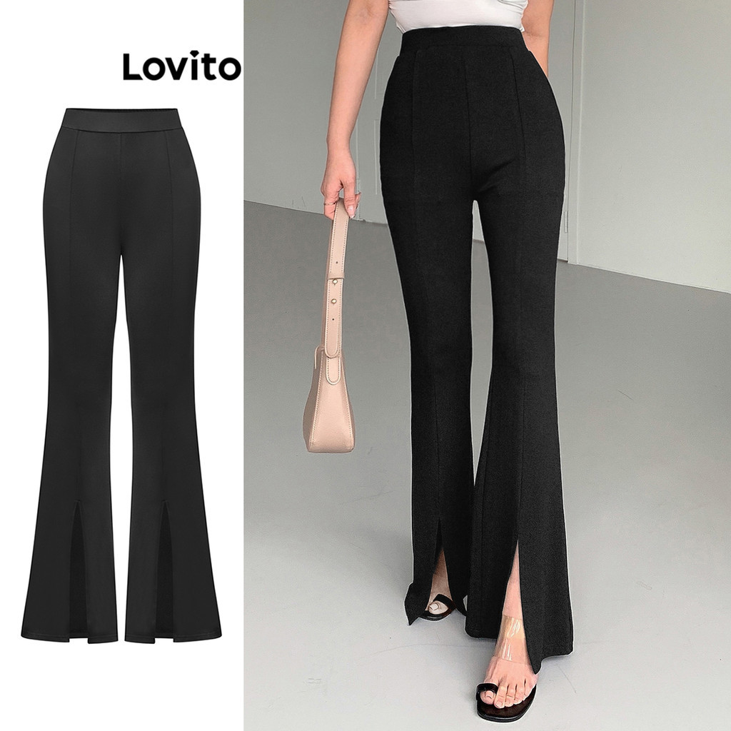 Lovito กางเกงผู้หญิง ผ่าหน้า สีพื้น สไตล์หรูหรา L95ED030