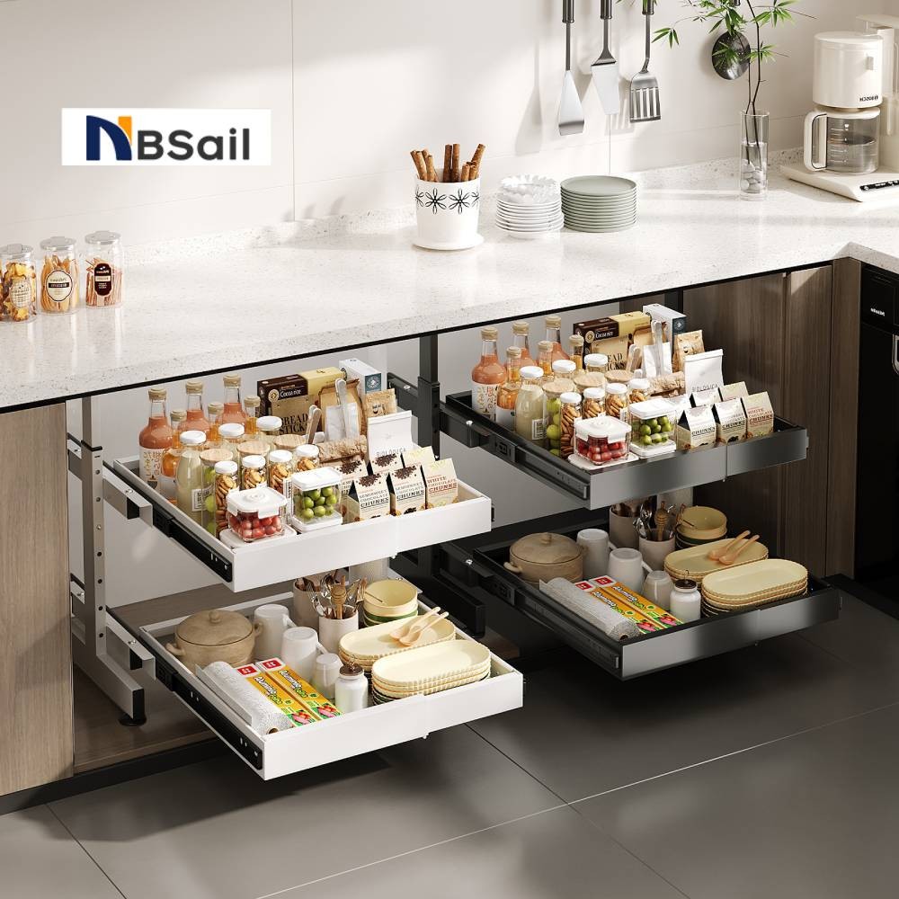 NBSail พร้อมขาตั้งด้านข้าง 2 ชั้น ชั้นวางตะกร้าแบบดึงออกได้ ชั้นวางลิ้นชักสำหรับตู้ครัว