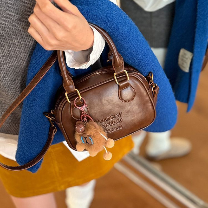 Schwarz ENTEN ผู้หญิง Cross-Body กระเป๋า Maillard สไตล์ Retro เกาหลีประเภทอเนกประสงค์ Ins Simple Bowling Pu กระเป๋าสะพาย