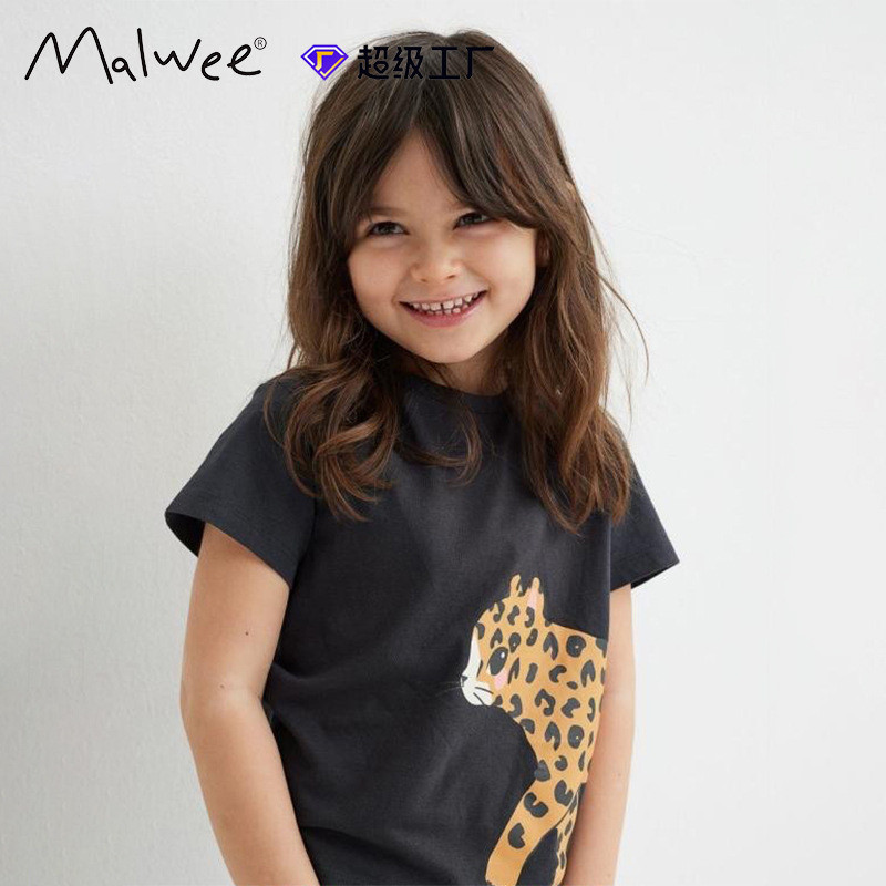 มัลวี เสื้อยืดเด็กผู้หญิงฤดูร้อนสไตล์ใหม่ยุโรปอเมริกันกลางเด็กเล็กคอกลมแขนสั้นน่ารักพิมพ์เด็กด้านบน