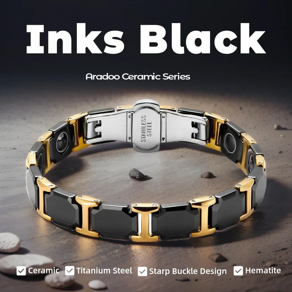Aradoo เซรามิคไทเทเนียมเหล็ก Energy สร้อยข้อมือสายคล้องคอออกแบบ Hematite Magnetic Power สายรัดข้อมือสําหรับผู้หญิงผู้ชายเครื่องประดับของขวัญ
