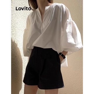 Lovito เสื้อเบลาส์แขนบิชอป ผ่าหน้า แบบเรียบ สง่างาม สําหรับผู้หญิง LNE21292 (สีขาว)