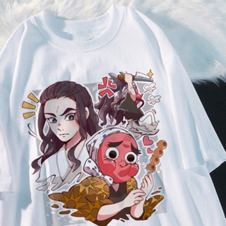 ราคาถูก Demon Slayer Hashibira Inosuke อะนิเมะเสื้อเชิ้ตแขนสั้นนักเรียนชายและหญิงคู่ขนาดใหญ่สีขาว เสื้อคู่