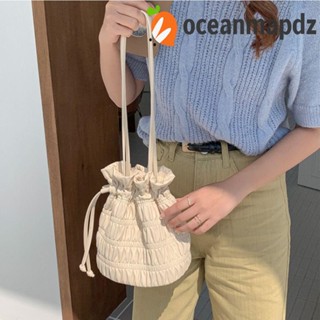 Oceanmapdz กระเป๋าถือลําลอง หนัง PU ทรงบักเก็ต แต่งจับจีบ สีพื้น สไตล์เกาหลี สําหรับเด็กผู้หญิง