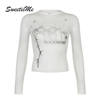 Sweeticme ใหม่ เสื้อยืดซีทรู แขนยาว คอกลม พิมพ์ลายตัวอักษร เข้ารูป แฟชั่นสําหรับสตรี 2023