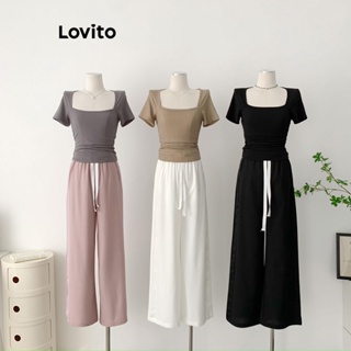 Lovito เสื้อยืดลําลอง แบบผูกเชือก แบบเรียบ สําหรับผู้หญิง L61AD039 (สีน้ําตาล/ดํา)