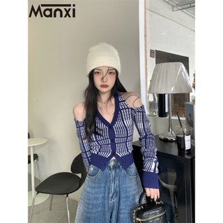 Manxi เสื้อแฟชั่นผู้หญิง เสื้อแขนยาว คลุม ไหมพรม ครอปเสื้อแขนยาว 36Z230908