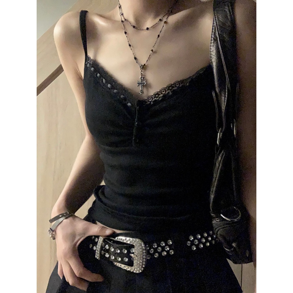 [เสื้อสายเดี่ยว ปักลายลูกไม้ สีดํา เข้ากับทุกการแต่งกาย แฟชั่นฤดูร้อน สําหรับผู้หญิง