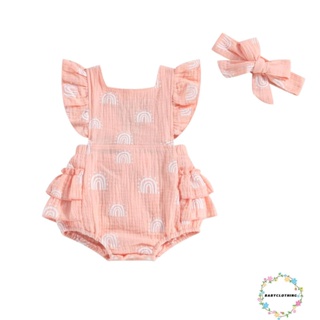 Babyclothes- ชุดรอมเปอร์ จั๊มสูท บอดี้สูท แขนพอง พิมพ์ลายสายรุ้ง ผูกเชือก เปิดหลัง พร้อมที่คาดผม สําหรับเด็กทารกแรกเกิดผู้หญิง