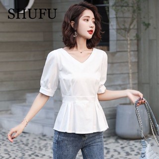 SHUFU 2355 พร้อมส่ง เสื้อชีฟอง แขนสั้น คอวี ลําลอง พลัสไซซ์ สไตล์เกาหลี สําหรับผู้หญิง