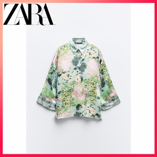 Zara ใหม่ เสื้อเชิ้ต ผ้าเดรป พิมพ์ลายดอกไม้ สําหรับผู้หญิง