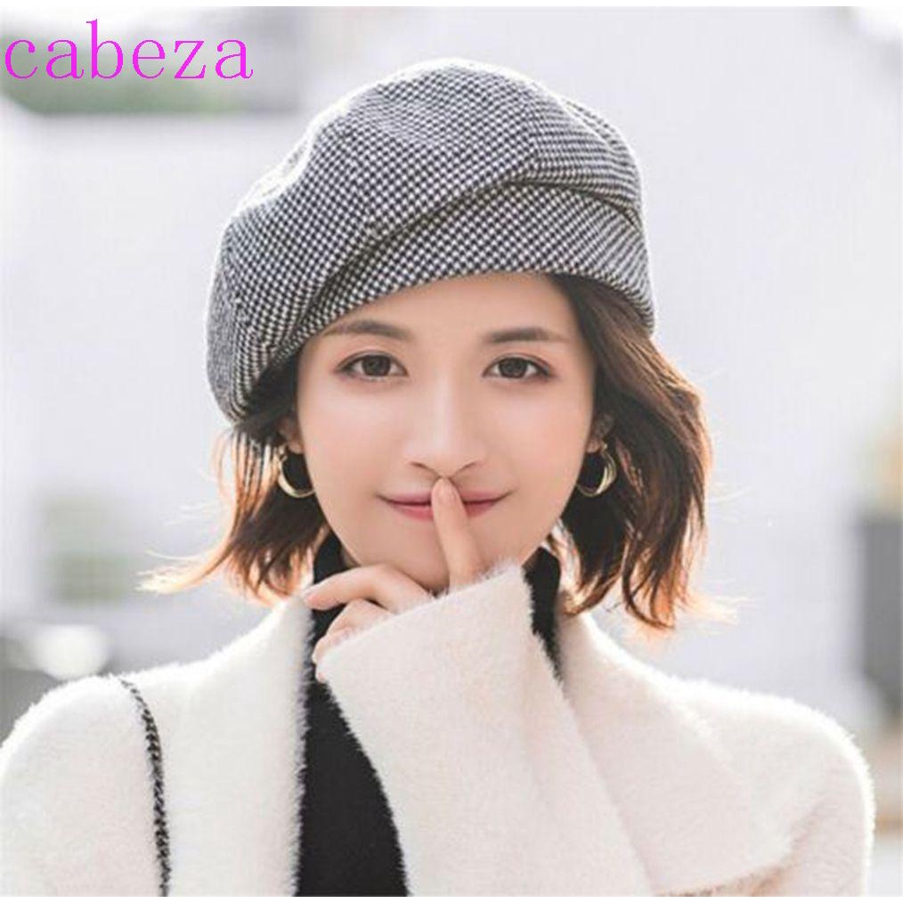 Cabeza หมวกเบเร่ต์ผู้หญิง ของขวัญ วินเทจ ขนแกะ ลายตารางหมากรุก ผ้าฝ้าย โพลีเอสเตอร์ ทรงกลม หมวกเบเร่ต์