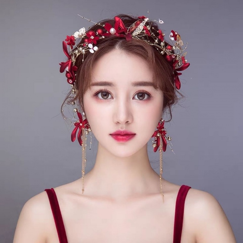 ชุดประดับมงกุฎเจ้าสาวสีแดง แต่งงาน แต่งงาน แต่งงานเครื่องประดับตก แต่งผมนางฟ้า SuperSessun ชุดเครื่องประดับ