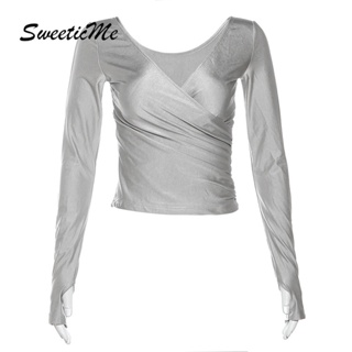 Sweeticme ใหม่ เสื้อยืดลําลอง แขนยาว เปิดไหล่ สีพื้น เซ็กซี่ แฟชั่นสําหรับสตรี 2023