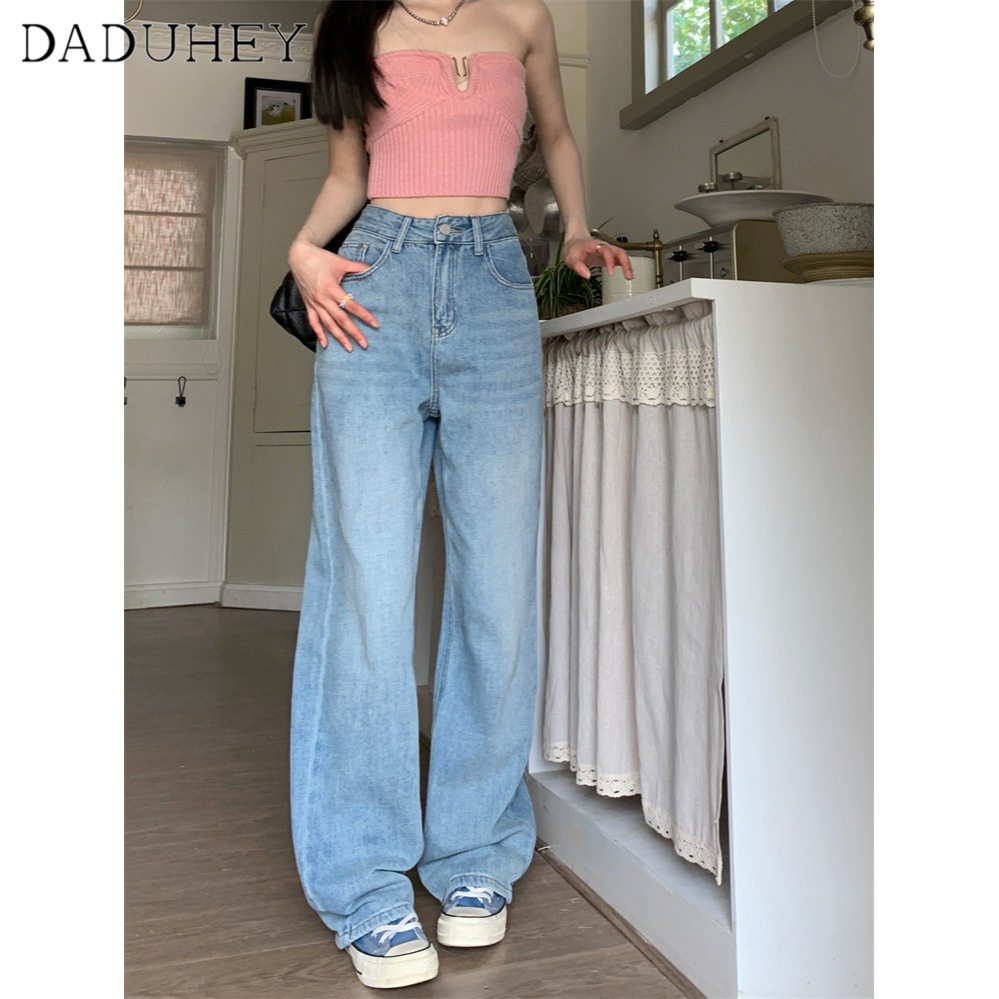 DaDuHey🎈 Women's American Style New High-Street Retro Loose Pants Fashion High Waist Wide Leg Straight Casual Mopping Jeans