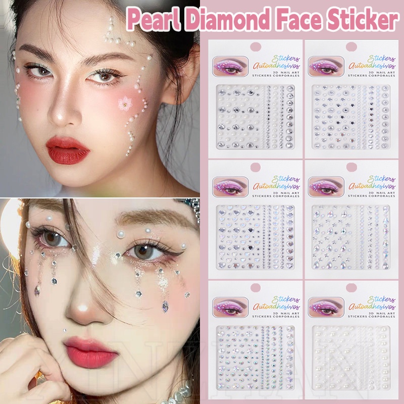 สติกเกอร์เพชร พลอยเทียม ไข่มุก 3D มีกาวในตัว สําหรับตกแต่งคิ้ว ใบหน้า ร่างกาย แต่งหน้าชั่วคราว