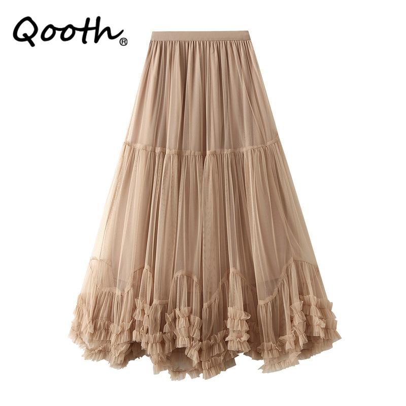 Qooth กระโปรงยาว ทรงเอ เอวยางยืด ผ้าตาข่าย หรูหรา สําหรับผู้หญิง QT2227