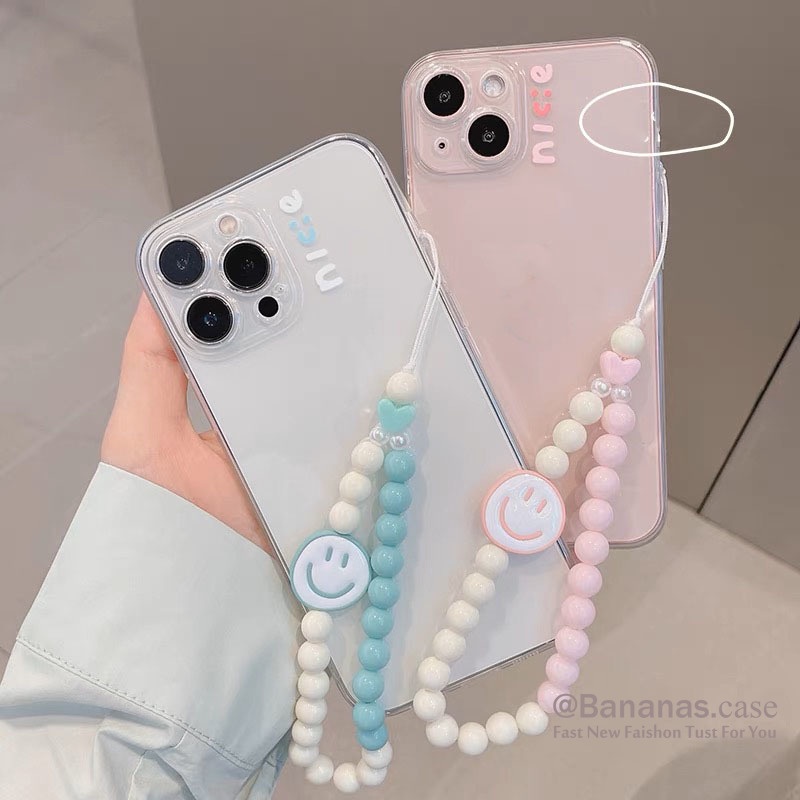 Iphone 15 14 13 12 11 Pro Max X XR XS Max 7 8 Plus SE2020 เคสโทรศัพท์ การ์ตูนน่ารัก หน้ายิ้ม + เชือกเส้นเล็ก ใส นิ่ม เคส