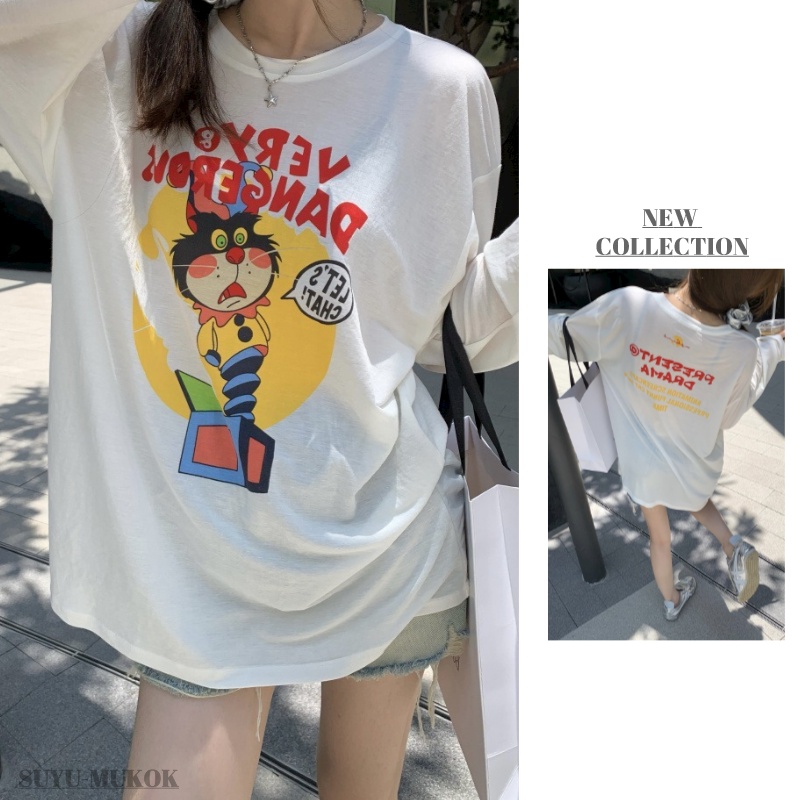 ฤดูใบไม้ร่วงใหม่สนุกการ์ตูนพิมพ์หลวมสบาย ๆ กลางแขนยาวเสื้อยืดผู้หญิง