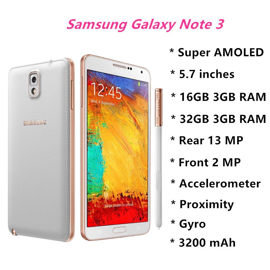 Samsung Galaxy Note 3 โทรศัพท์มือถือ 3GB RAM + รอม 16GB | แรม 3GB + รอม 32GB 5.7 นิ้ว 13MP LTE 4G SmartPhone มือสอง ใหม่ 98%
