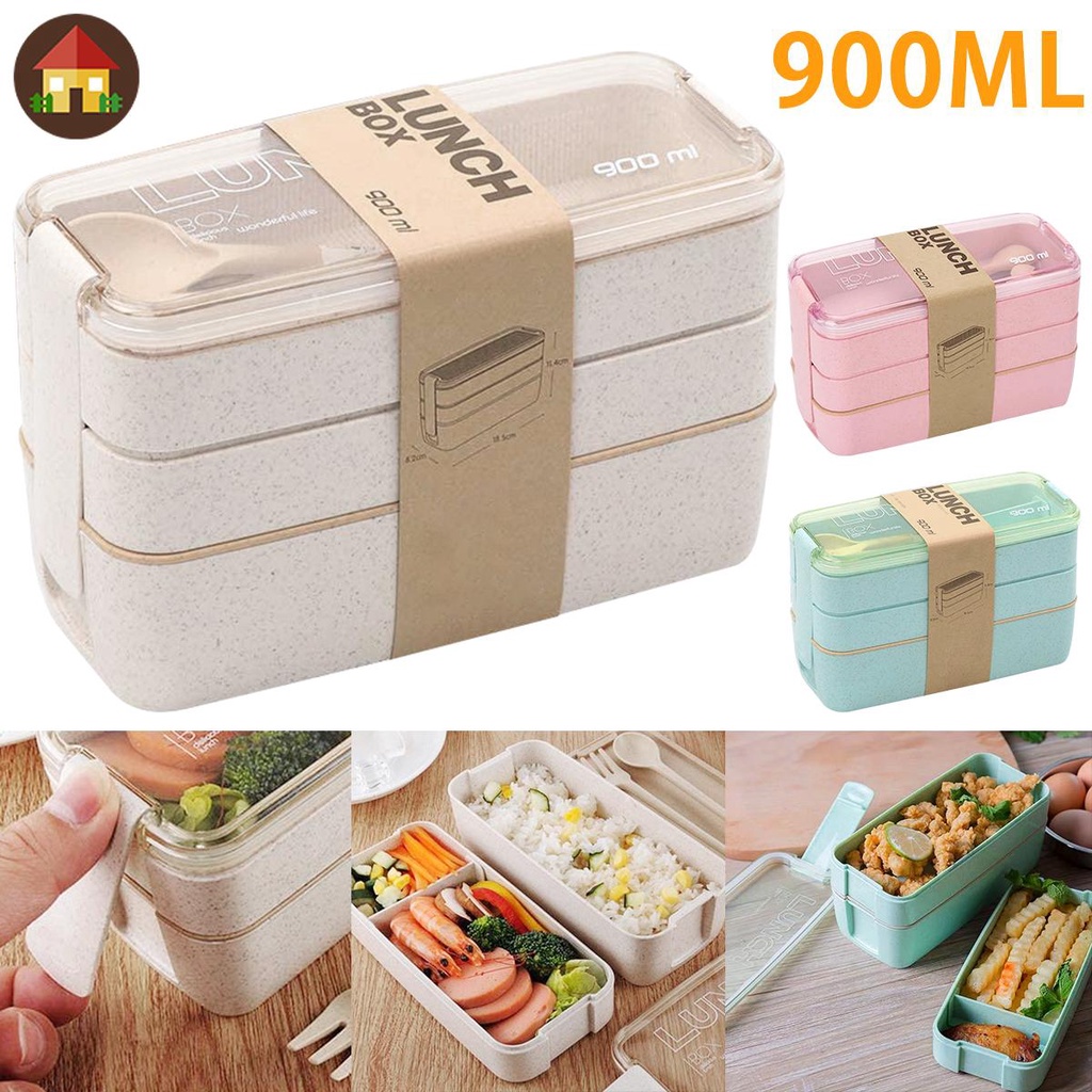 กล่องเบนโตะ กล่องอาหารกลางวัน 3 ช่อง ขนาด 900 มล. วางซ้อนกันได้ กันรั่ว แบบพกพา สําหรับเด็ก และผู้ให