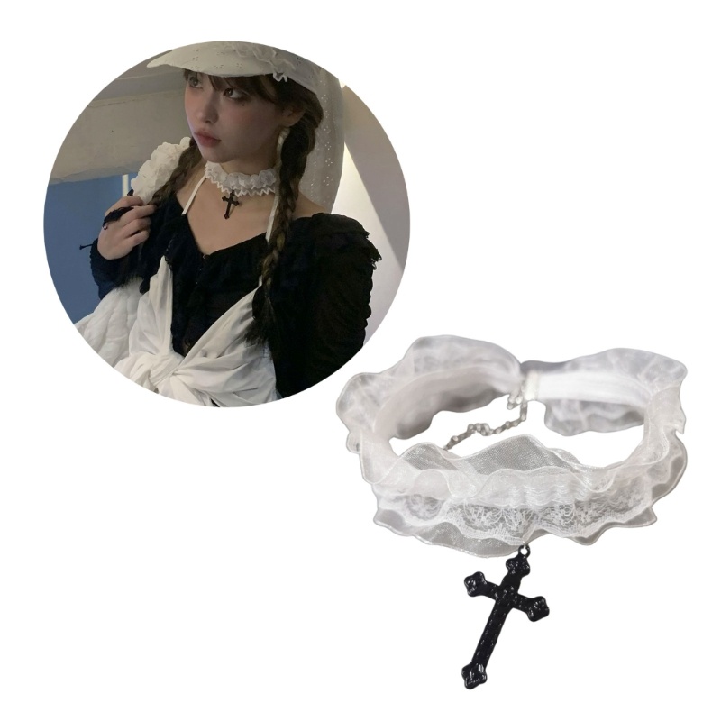 Noe ประณีตยืด Choker คู่ลูกไม้ Crucifix จี้สร้อยคอสีดําหรือสีขาว