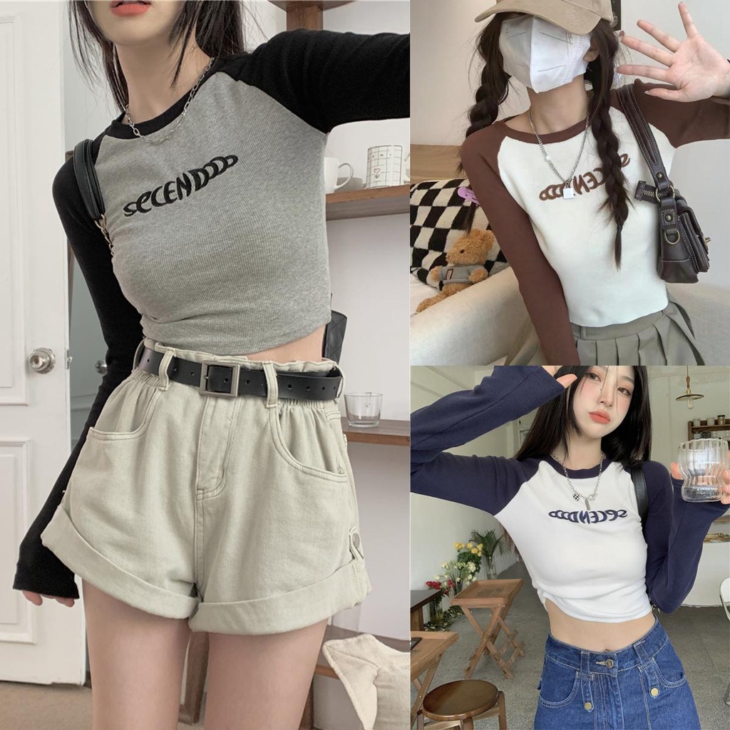 Lune_Grace.2579#เสื้อเอวลอยแขนยาว เสื้อครอปแขนยาวคอกลม สไตล์เกาหลี รัดรูป สำหรับผู้หญิง ปักลายตัวอักษร