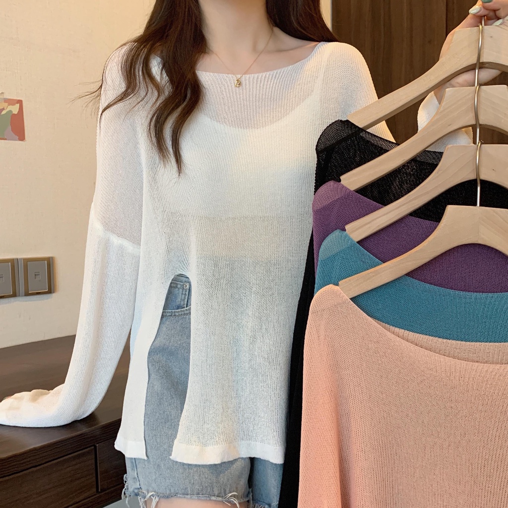 Lune_Grace.81105#เสื้อแขนยาวผ้าไหมพรมบาง ดีไซผ่าข้างสไตล์เกาหลี แฟชั่นสาวอวบ กันแดด