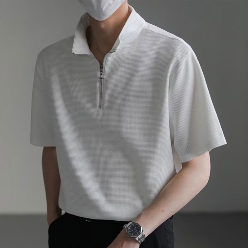 KYUSHUAD เสื้อโปโลแขนสั้น ลําลอง มีซิปครึ่ง ทรงหลวม สีพื้น สําหรับผู้ชาย