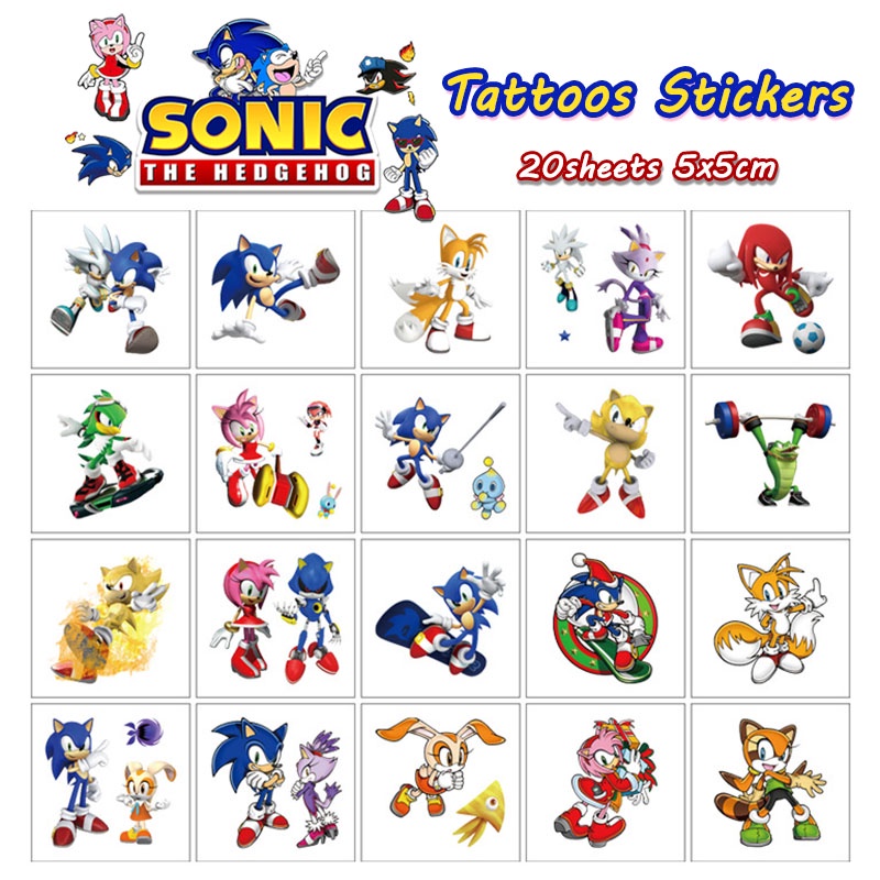 สติกเกอร์รอยสัก ลายการ์ตูนโซนิค เม่น กันน้ํา แบบใช้แล้วทิ้ง ขนาด 5x5 ซม. สําหรับเด็ก 20 ชิ้น