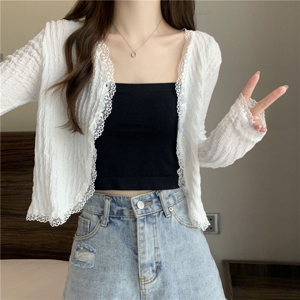 เสื้อคาร์ดิแกน แขนยาว ผ้าลูกไม้ แฟชั่นฤดูร้อน สําหรับผู้หญิง