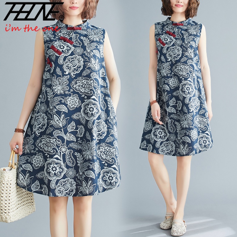 ชุดเดรสกี่เพ้า ผ้าฝ้าย และผ้าลินิน แขนกุด พิมพ์ลายดอกไม้ สไตล์เกาหลี และอินเดีย แบบดั้งเดิม สําหรับผู้หญิง