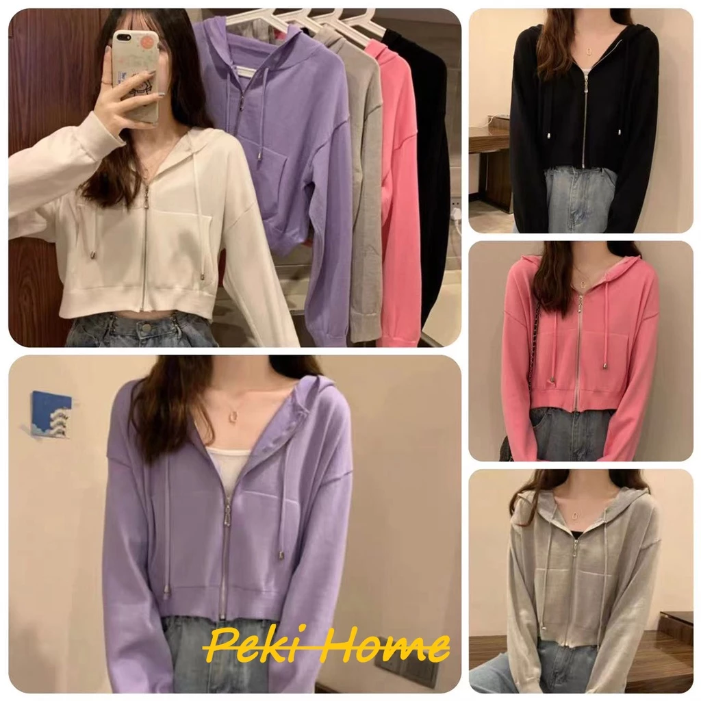 พร้อมส่ง เสื้อครอปมีฮู้ดเเขนยาวสีสันสดใสน่ารักสำหรับผู้หญิง