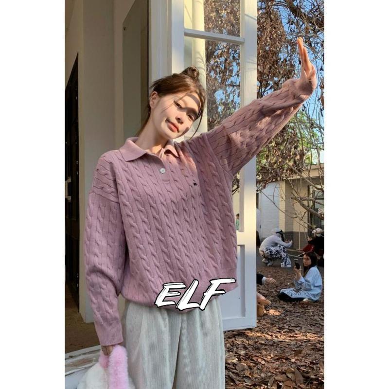 เสื้อกันหนาว คอปกโปโล ทรงหลวม สไตล์เกาหลี สําหรับผู้หญิง