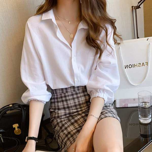 Grace&Chiliเสื้อแฟชั่นผู้หญิงสาวอวบ   เสื้อสีขาวทำงานผู้หญิงแฟชั่น สไตล์เกาหลี สีพื้น สวย W284